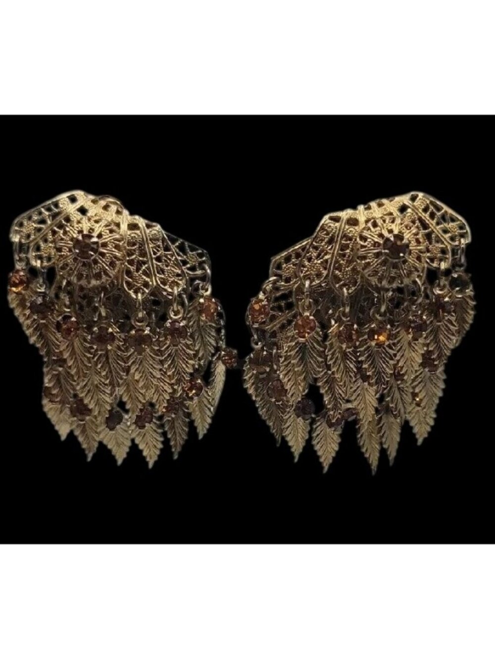 VTG Miriam Haskell Feather Rhinestones Clip On Earrings 1930s Statement Unsigned